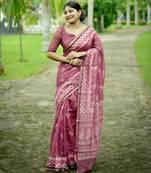 pink solid silk blend saree with blouse