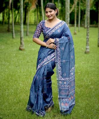 royal blue solid silk blend saree with blouse 1
