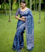 royal blue solid silk blend saree with blouse