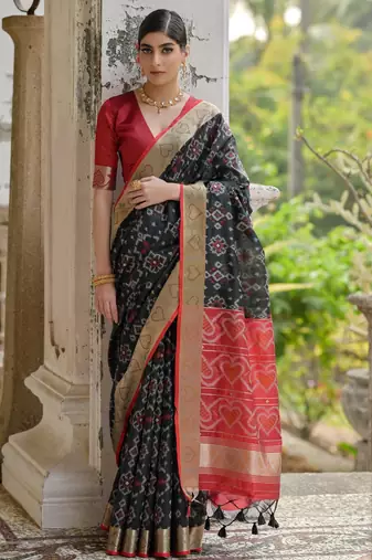 black solid raw silk blend saree with blouse