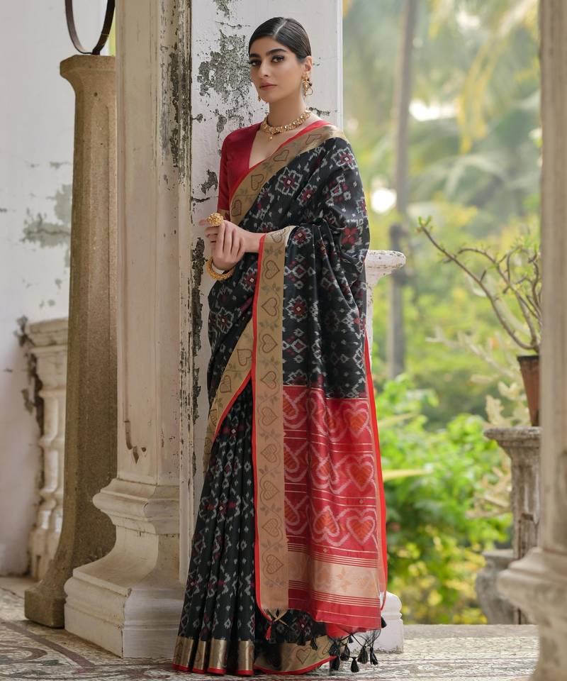 black solid raw silk blend saree with blouse