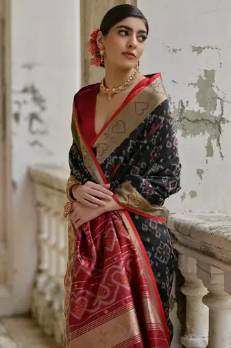black solid raw silk blend saree with blouse