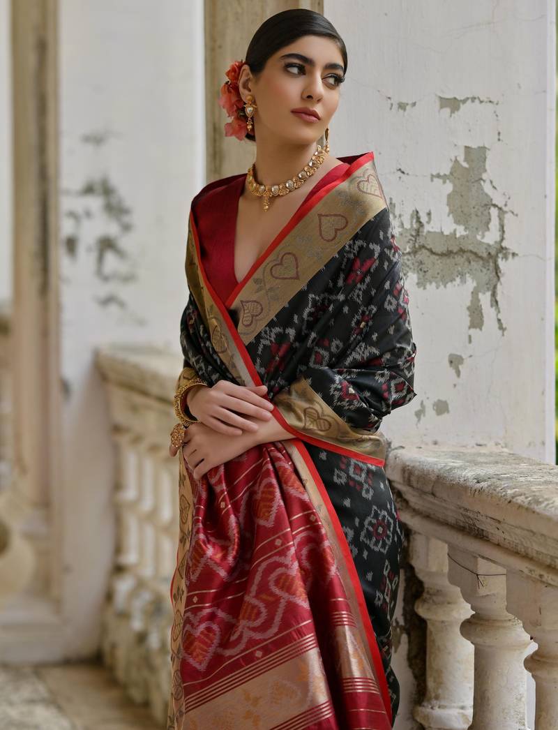 black solid raw silk blend saree with blouse