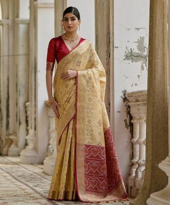 cream solid raw silk blend saree with blouse 1