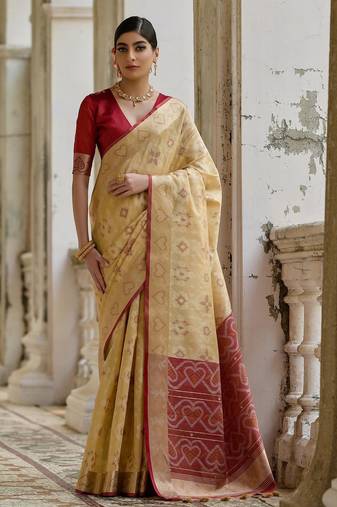 cream solid raw silk blend saree with blouse