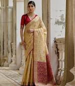 cream solid raw silk blend saree with blouse