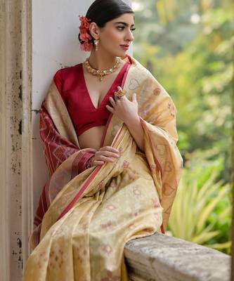 cream solid raw silk blend saree with blouse 3