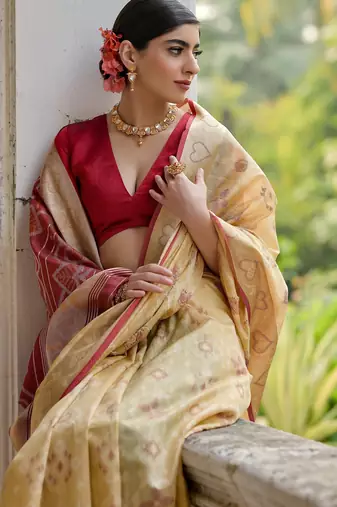 cream solid raw silk blend saree with blouse