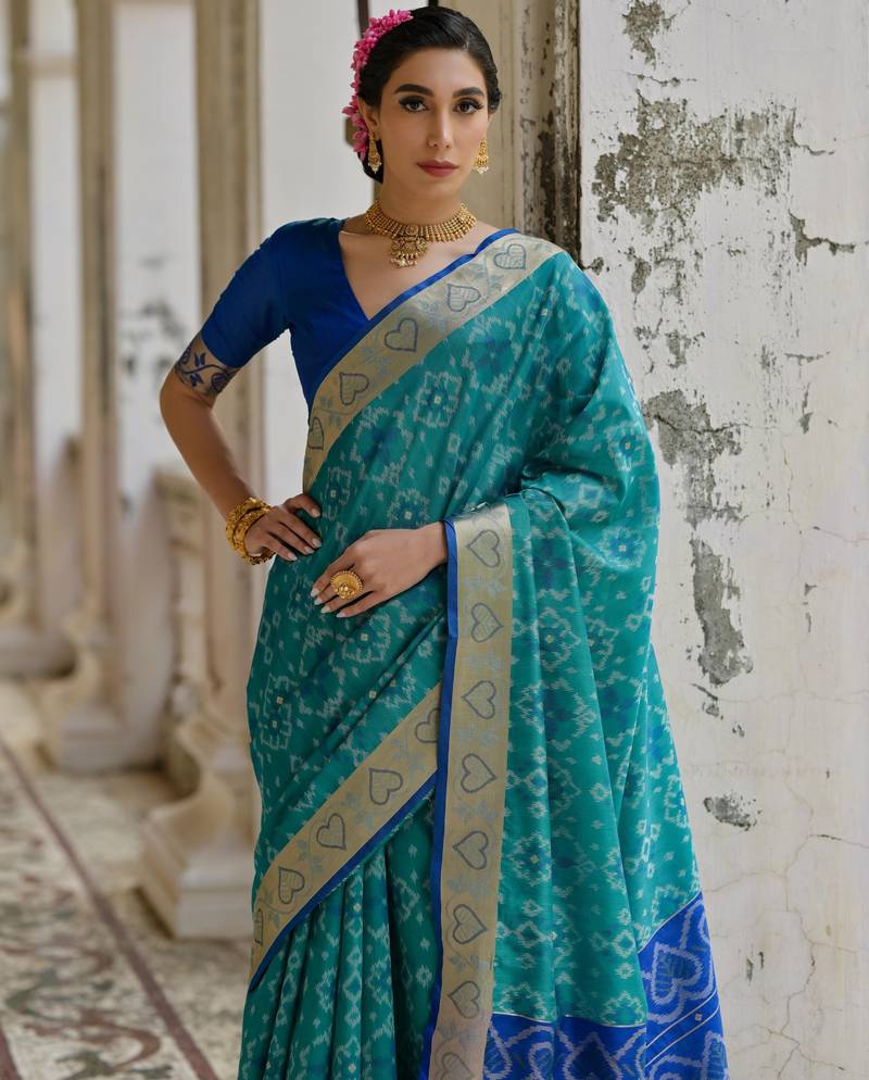 blue solid raw silk blend saree with blouse