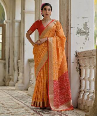 Orange solid raw silk blend saree with blouse 1