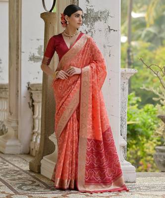 orange solid raw silk blend saree with blouse 1