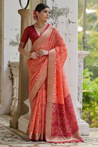 orange solid raw silk blend saree with blouse