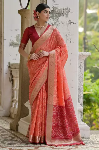 orange solid raw silk blend saree with blouse