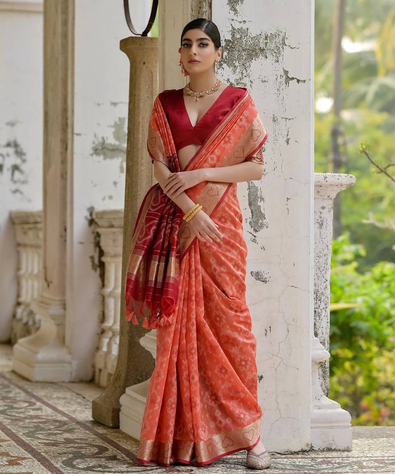 orange solid raw silk blend saree with blouse