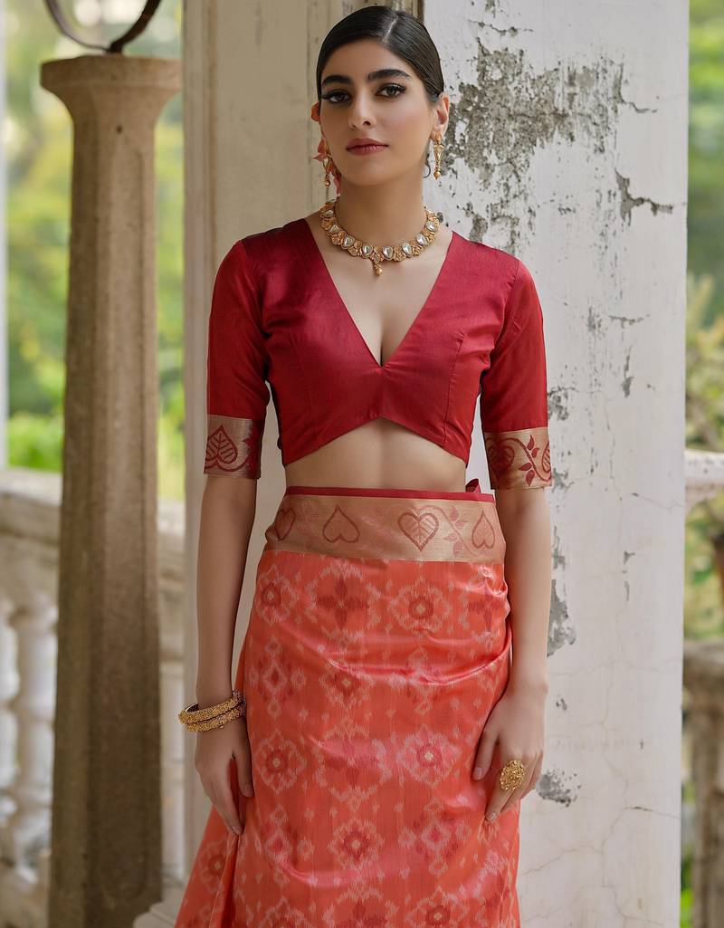 orange solid raw silk blend saree with blouse