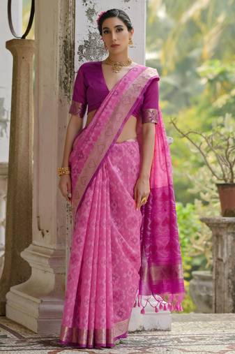 pink solid raw silk blend saree with blouse