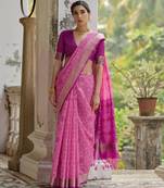 pink solid raw silk blend saree with blouse