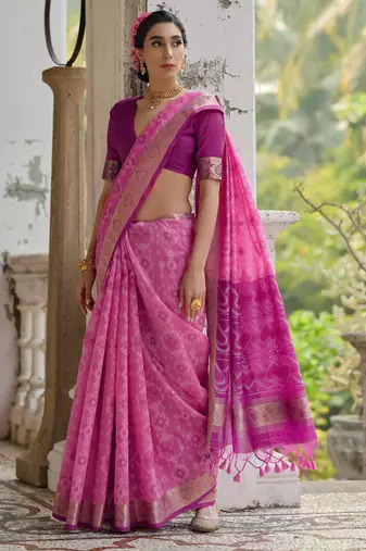 pink solid raw silk blend saree with blouse