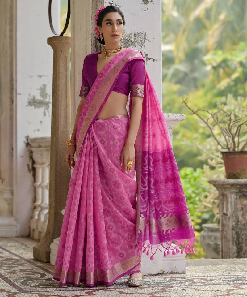 pink solid raw silk blend saree with blouse