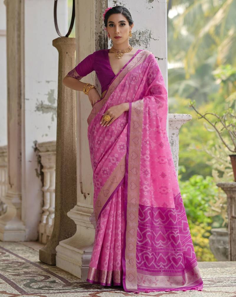 pink solid raw silk blend saree with blouse