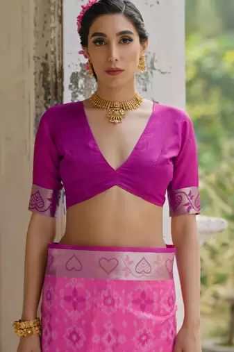 pink solid raw silk blend saree with blouse