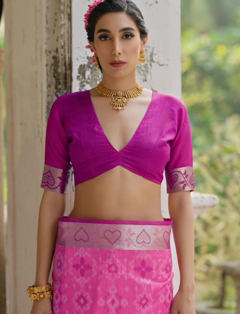 pink solid raw silk blend saree with blouse