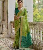 green solid raw silk blend saree with blouse
