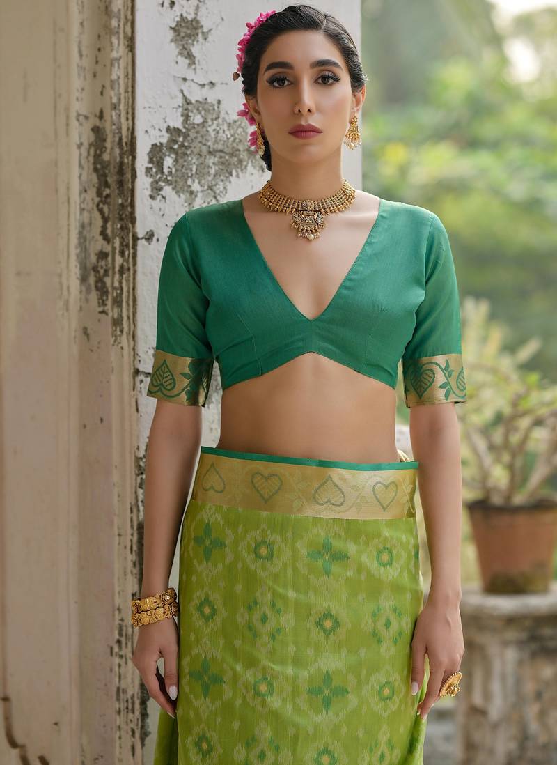 green solid raw silk blend saree with blouse