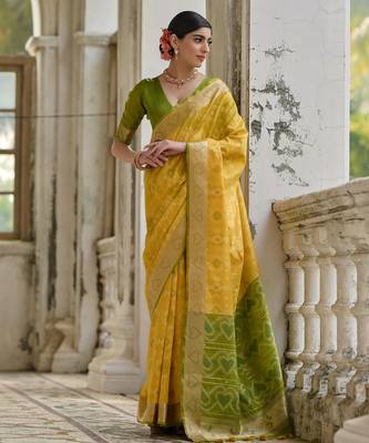 yellow solid raw silk blend saree with blouse 1