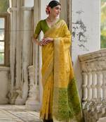 yellow solid raw silk blend saree with blouse