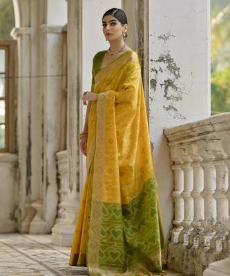 yellow solid raw silk blend saree with blouse 2