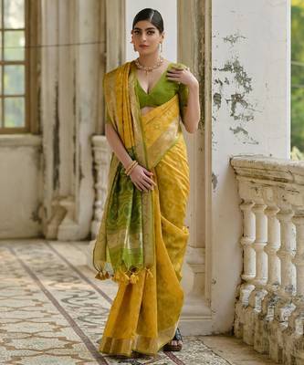 yellow solid raw silk blend saree with blouse 3