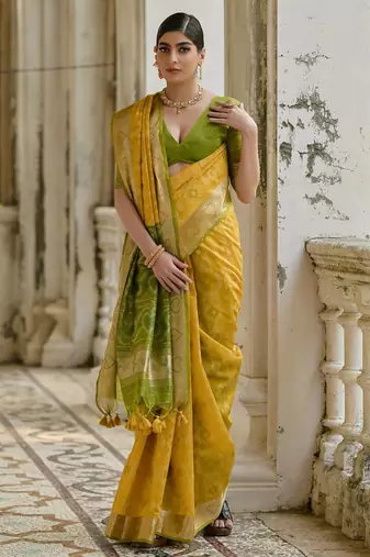yellow solid raw silk blend saree with blouse