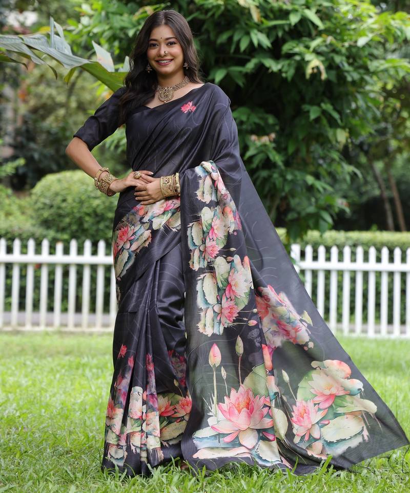 black solid tussar silk saree with blouse