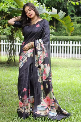 black solid tussar silk saree with blouse