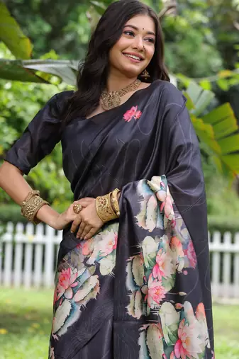 black solid tussar silk saree with blouse