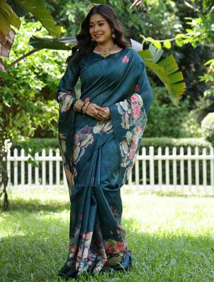 blue solid tussar silk saree with blouse 2