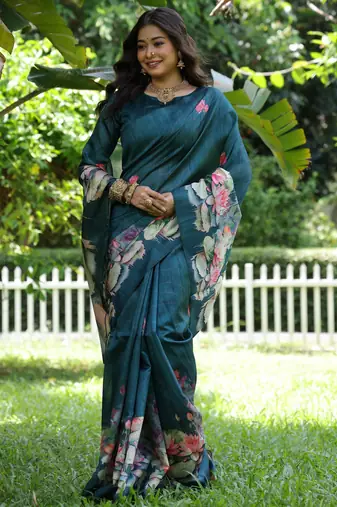 blue solid tussar silk saree with blouse