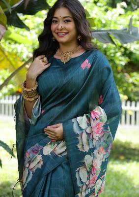 blue solid tussar silk saree with blouse 3