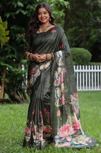 green solid tussar silk saree with blouse