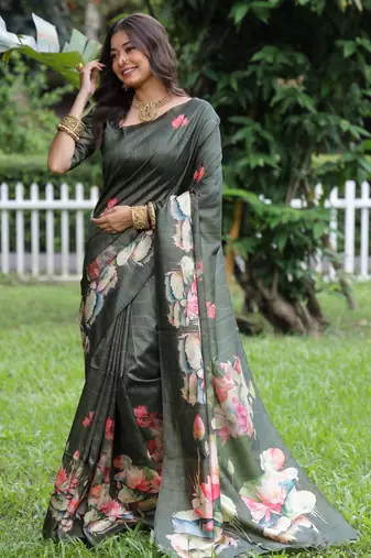 green solid tussar silk saree with blouse