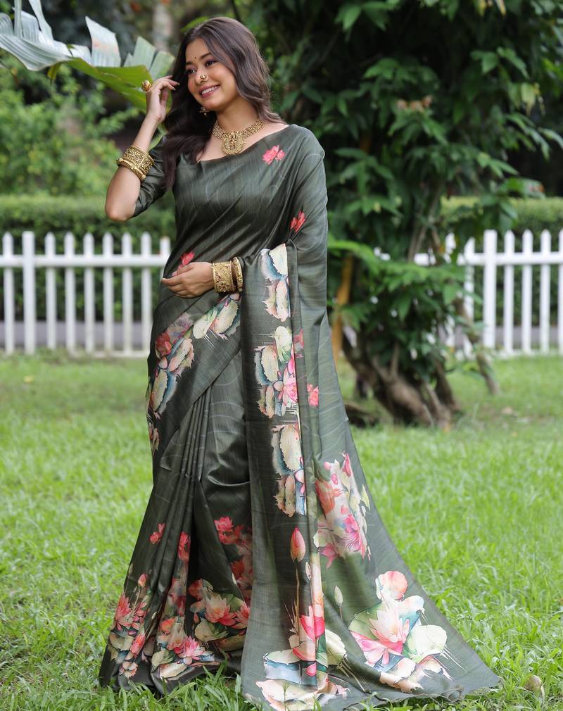 green solid tussar silk saree with blouse