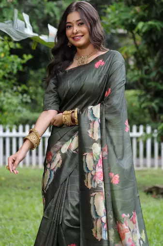 green solid tussar silk saree with blouse