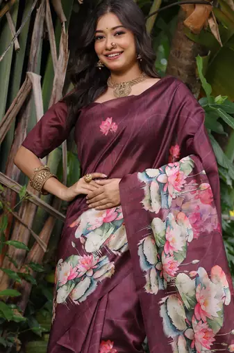 maroon solid tussar silk saree with blouse