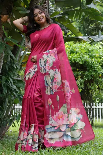 pink solid tussar silk saree with blouse