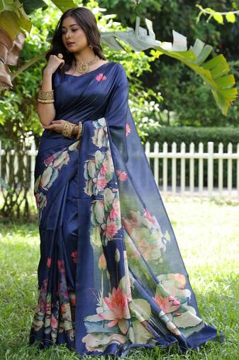royal blue solid tussar silk saree with blouse
