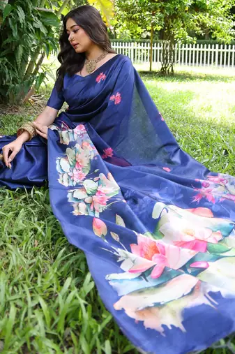 royal blue solid tussar silk saree with blouse