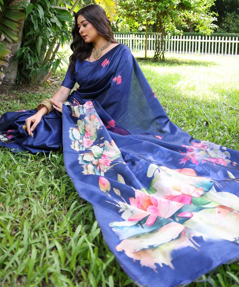 royal blue solid tussar silk saree with blouse