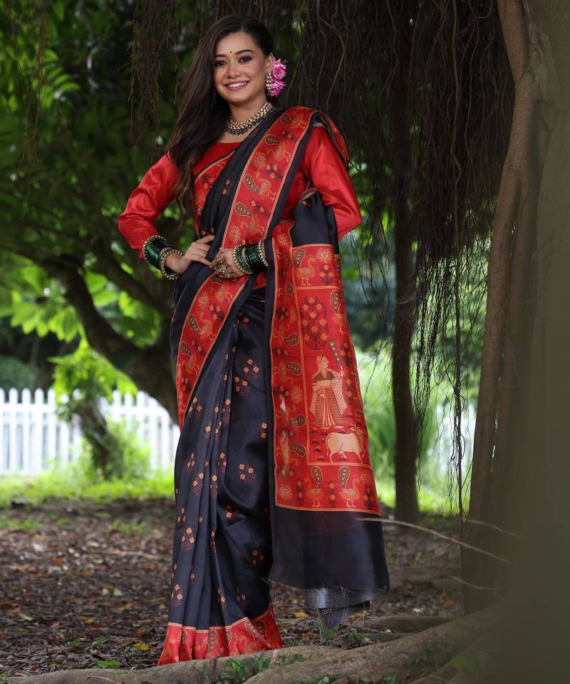 black solid tussar silk saree with blouse
