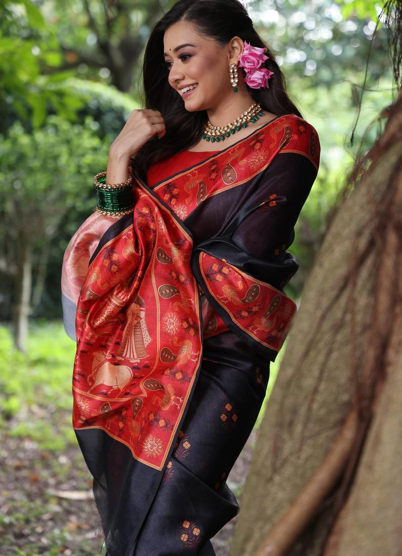 black solid tussar silk saree with blouse